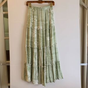 Boho/western, sage green & white floral bandana-like ruffled tiered maxi skirt